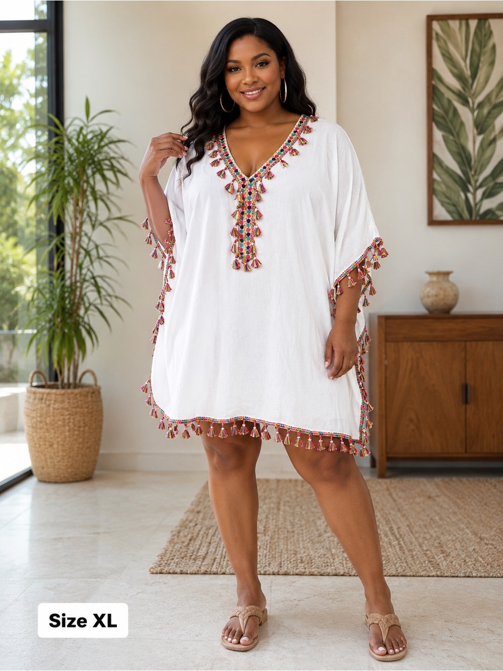 Riviera Sun BNWT White Rayon Embroidered Tassel Kaftan Dress Size XL
